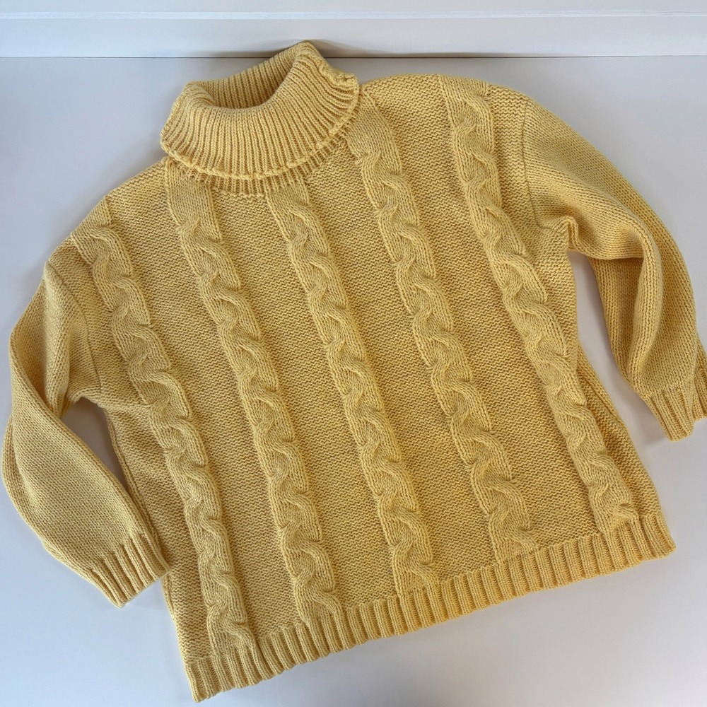 Vintage 90s Chunky Cable Knit Turtleneck Sweater XL Butter Yellow Fisherman Cozy - Picture 4 of 11